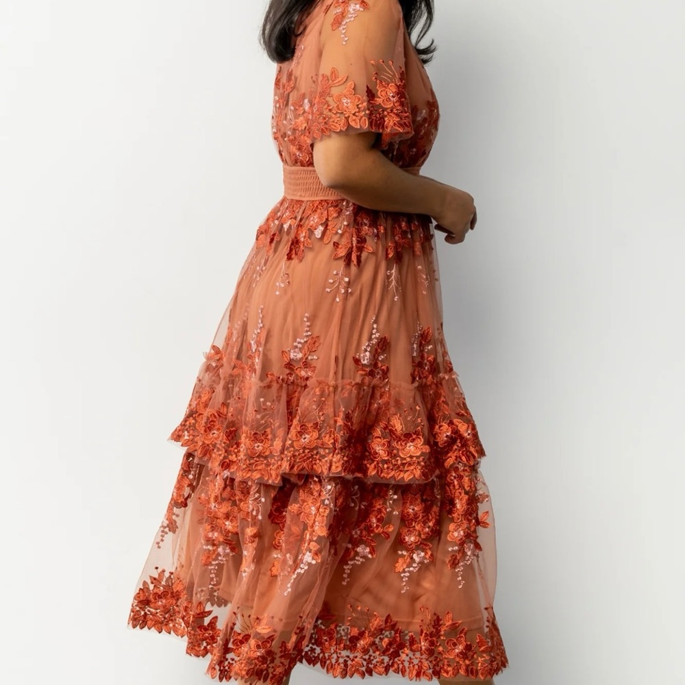 NWT Elegant Floral Embroidered Dress in RUST - Picture 3 of 6